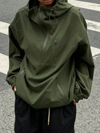American Retro Half-Zipper Hooded Pullover Outdoor Work Jacket Women'S Spring Loose Design Pullover Jacket Casual Versatile Top - Olive Green