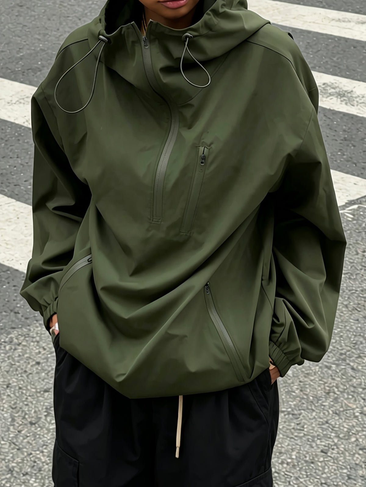 American Retro Half-Zipper Hooded Pullover Outdoor Work Jacket Women'S Spring Loose Design Pullover Jacket Casual Versatile Top - Olive Green