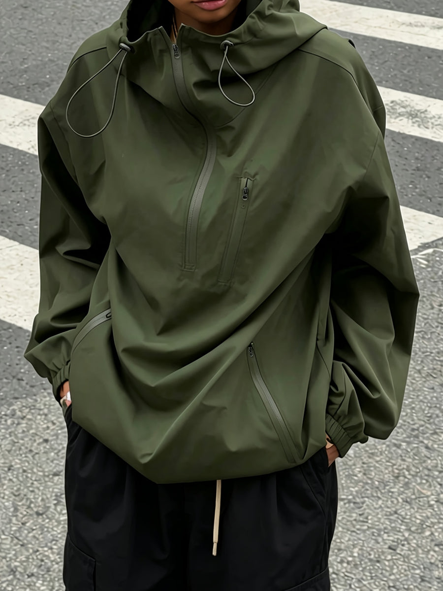 American Retro Half-Zipper Hooded Pullover Outdoor Work Jacket Women'S Spring Loose Design Pullover Jacket Casual Versatile Top - Olive Green