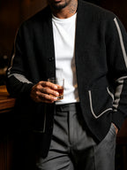 Autumn Winter New Men'S Color-Block V-Neck Knit Cardigan Light Business Casual Loose Sweater Jacket - 10266-8909 Black