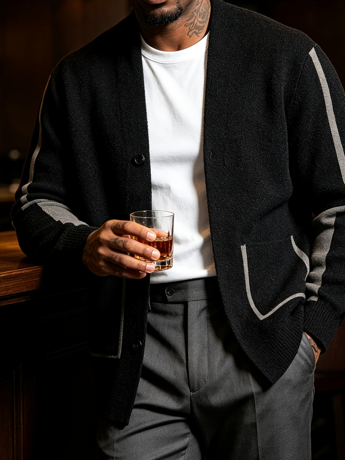 Autumn Winter New Men'S Color-Block V-Neck Knit Cardigan Light Business Casual Loose Sweater Jacket - 10266-8909 Black