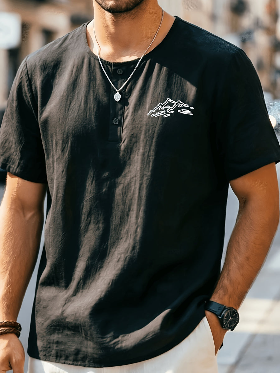 Men'S Summer -Linen Half-Zip Short Sleeve T-Shirt - Black