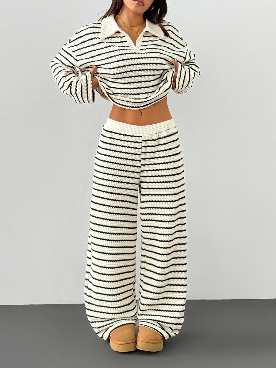 YY0909001 Women's 2pcs Set Loose Striped V-Neck Drop Shoulder Long Sleeve T-Shirt and Elastic Waist Striped Pants - Black + Apricot
