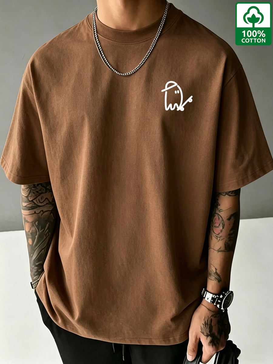 Men's Print Pure Cotton T-Shirt, Summer Fashion Vintage Trendy Casual Breathable Everyday Versatile Crew Neck Short Sleeve Top - Coffee Brown
