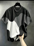 Ins Style Easy Versatile Round Neck Short Sleeve Top, Irregular Wave Color Block Chicago Letter Print Design, Fashionable Thin Breathable T-Shirt, Machine Washable Casual Short Sleeve Top - Mixed Color 2