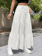 Elegant Special Women's White Summer Bohemian Vacation Style Dress, Casual Women's Dress with Drawstring Ruffled Hem, Multi-Layered Long Regular Fit Solid Color Daily Wear Dress - White