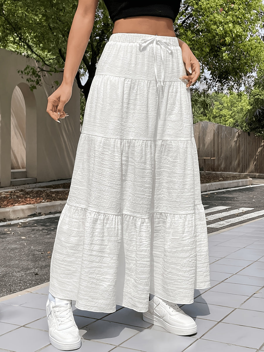Elegant Special Women's White Summer Bohemian Vacation Style Dress, Casual Women's Dress with Drawstring Ruffled Hem, Multi-Layered Long Regular Fit Solid Color Daily Wear Dress - White