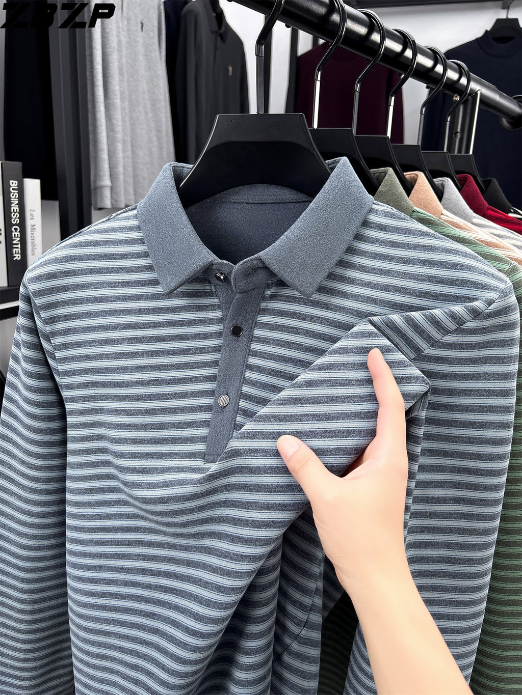 ZBZP Spring Autumn New Men'S Long Sleeve Polo Shirt Lapel Pullover Shirt Easy Business Casual High-End Breathable Long Sleeve T-Shirt Men'S Wear YF - Blue