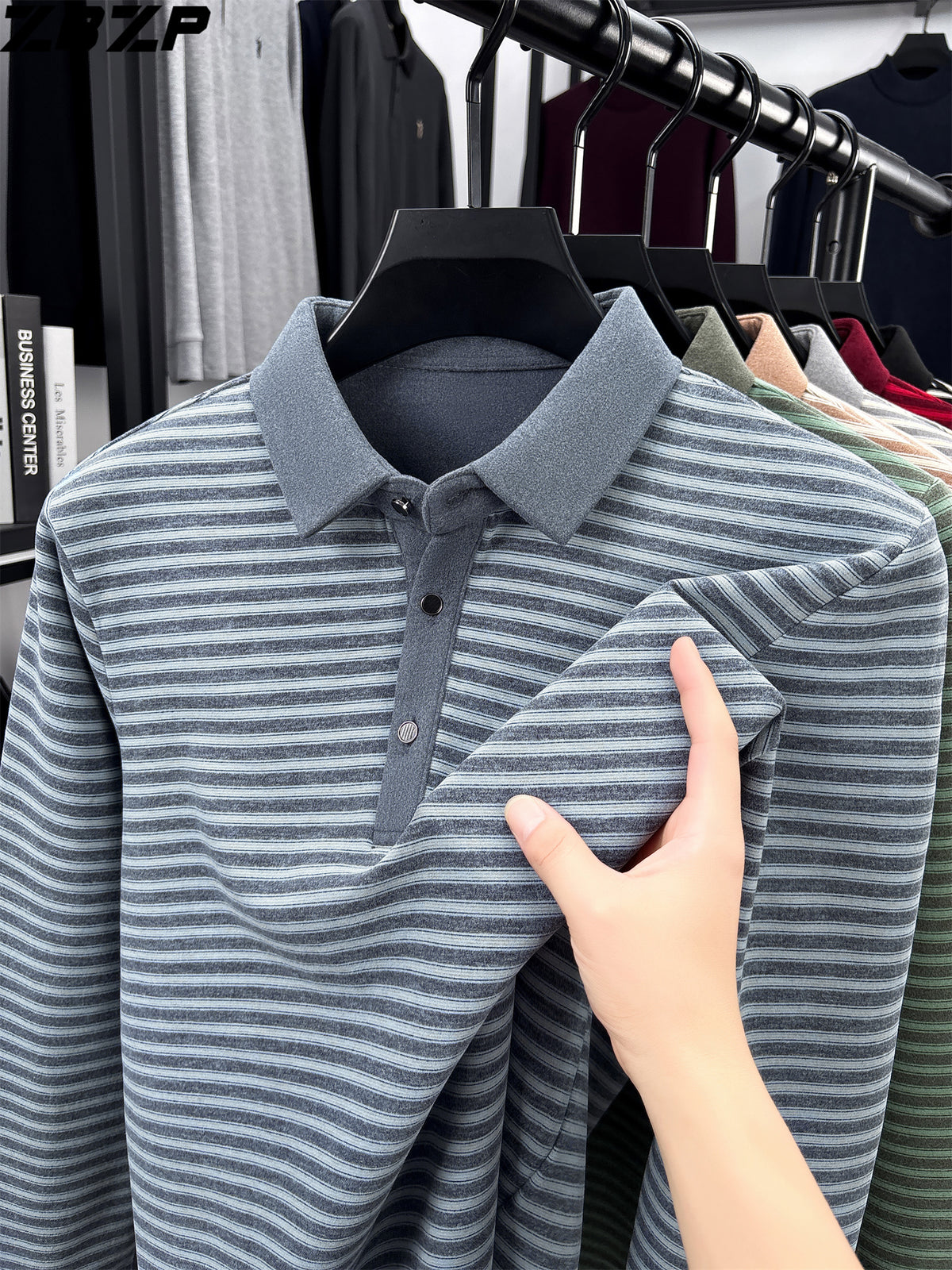 ZBZP Spring Autumn New Men'S Long Sleeve Polo Shirt Lapel Pullover Shirt Easy Business Casual High-End Breathable Long Sleeve T-Shirt Men'S Wear YF - Blue