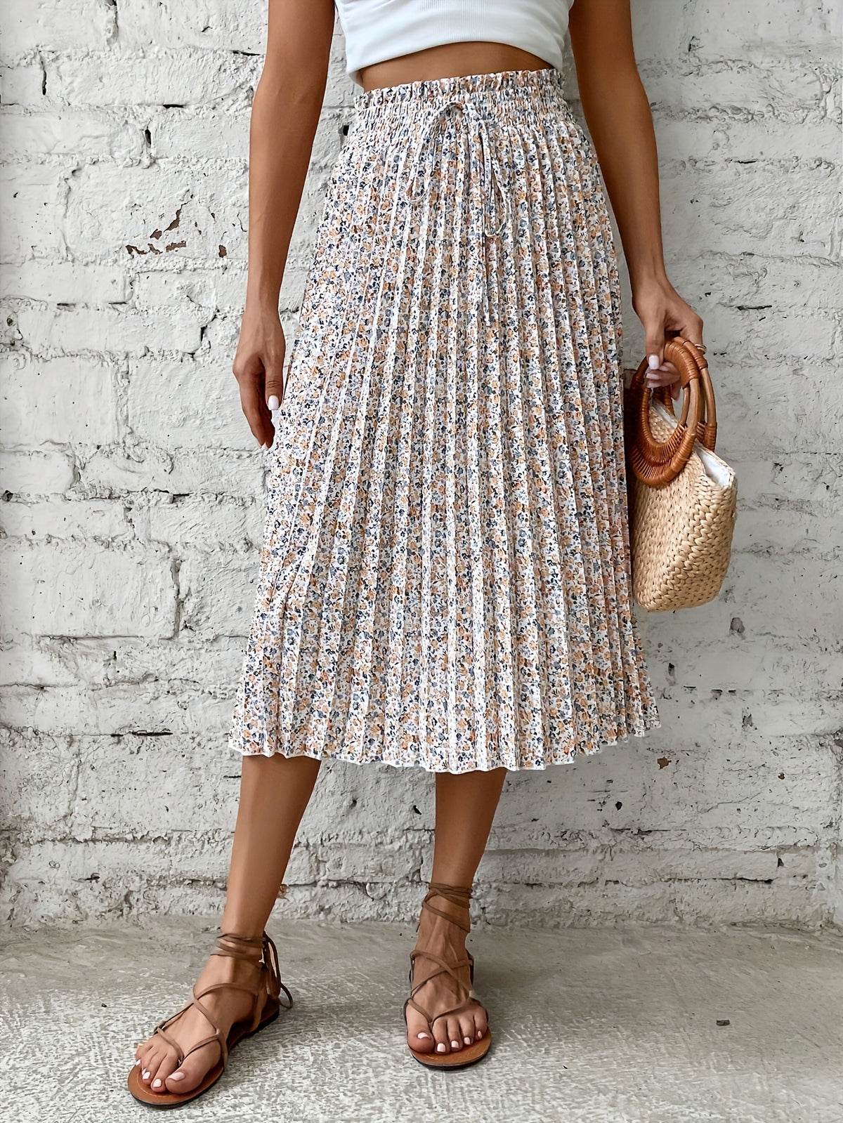 Small Floral Print Front-Tie Pleated Skirt - Mixed Color - 1
