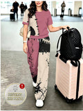 Pink Rice Black Contrast Dead Tree Crack Patchwork Printed Round Neck Short Sleeve Drawstring Wide Leg Long Pants Set Women'S Niche Distressed Street Outing Individual Casual - Mixed colors