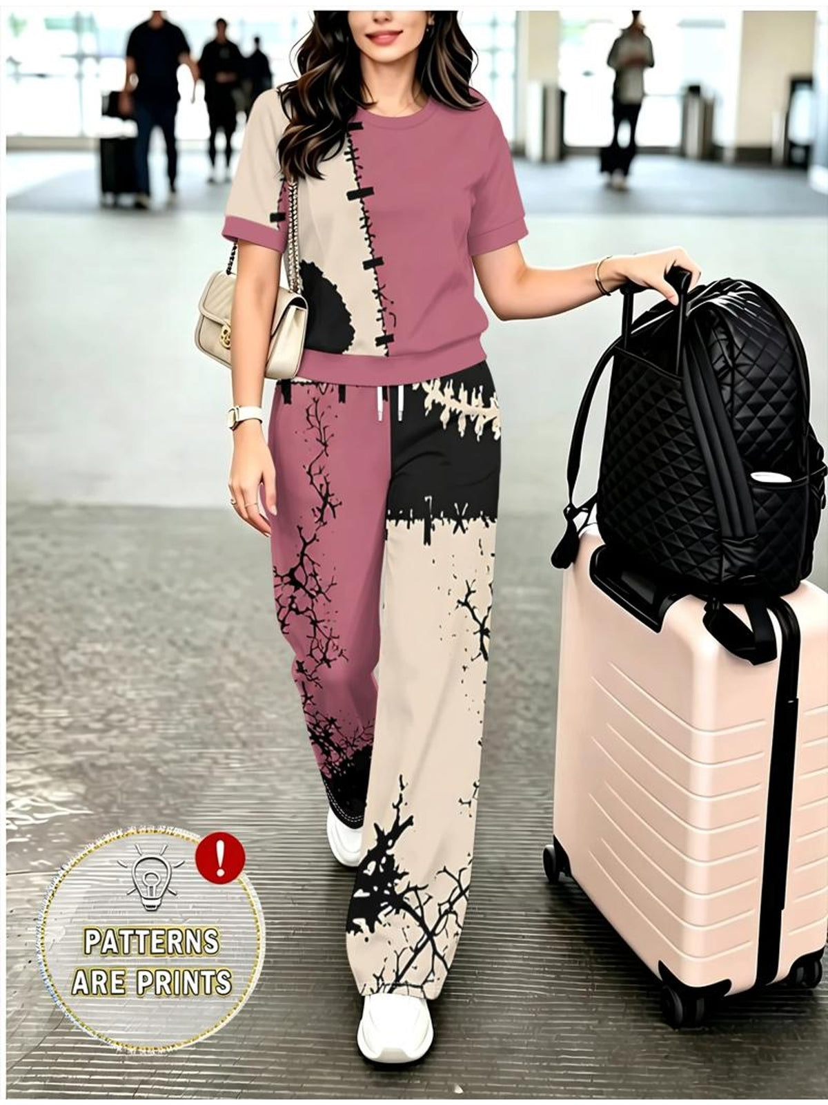 Pink Rice Black Contrast Dead Tree Crack Patchwork Printed Round Neck Short Sleeve Drawstring Wide Leg Long Pants Set Women'S Niche Distressed Street Outing Individual Casual - Mixed colors