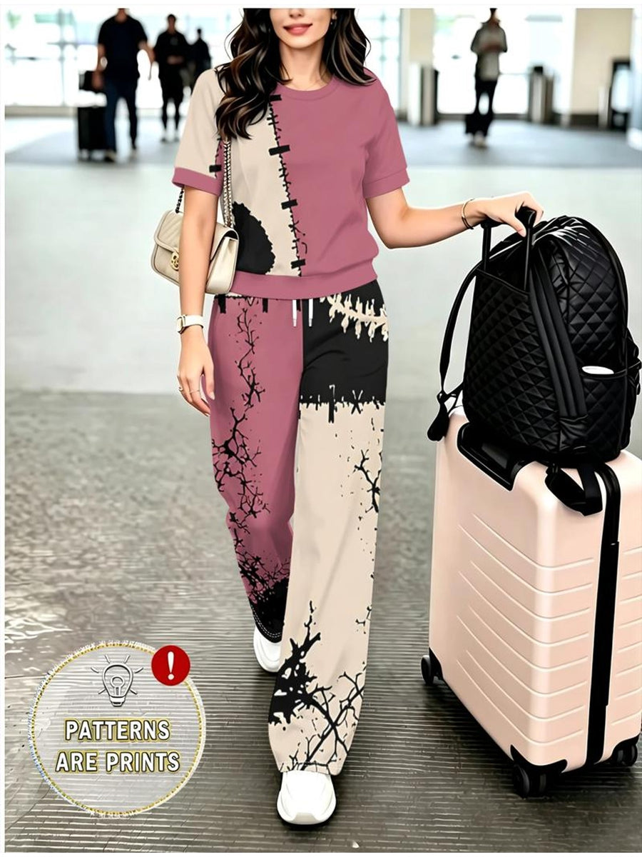 Pink Rice Black Contrast Dead Tree Crack Patchwork Printed Round Neck Short Sleeve Drawstring Wide Leg Long Pants Set Women'S Niche Distressed Street Outing Individual Casual - Mixed colors