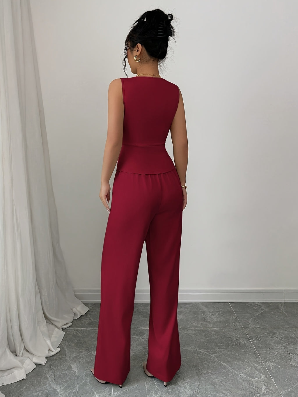 Sleeveless Elegant Vest And Women'S Pants Set, Summer Office Wear - Burgundy