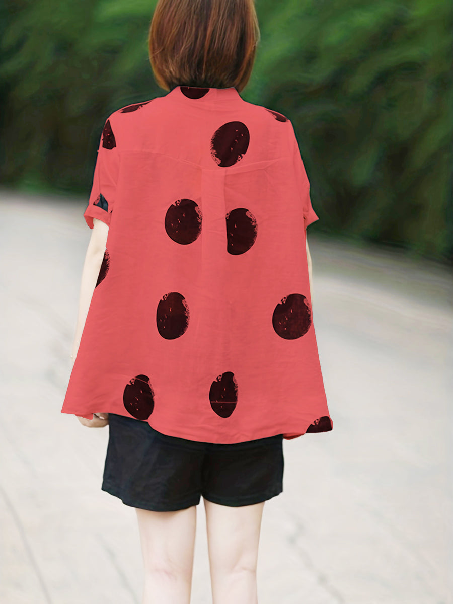 Women'S Vintage Polka Dot Print Shirt - Short Sleeve, Stand Collar, Button-Up Top with Asymmetrical Hem, Black & Orange, Casual Summer Blouse for Adults, Casual Summer Wear | Vintage Style Shirt | Nonstretch Fabric - Watermelon Red