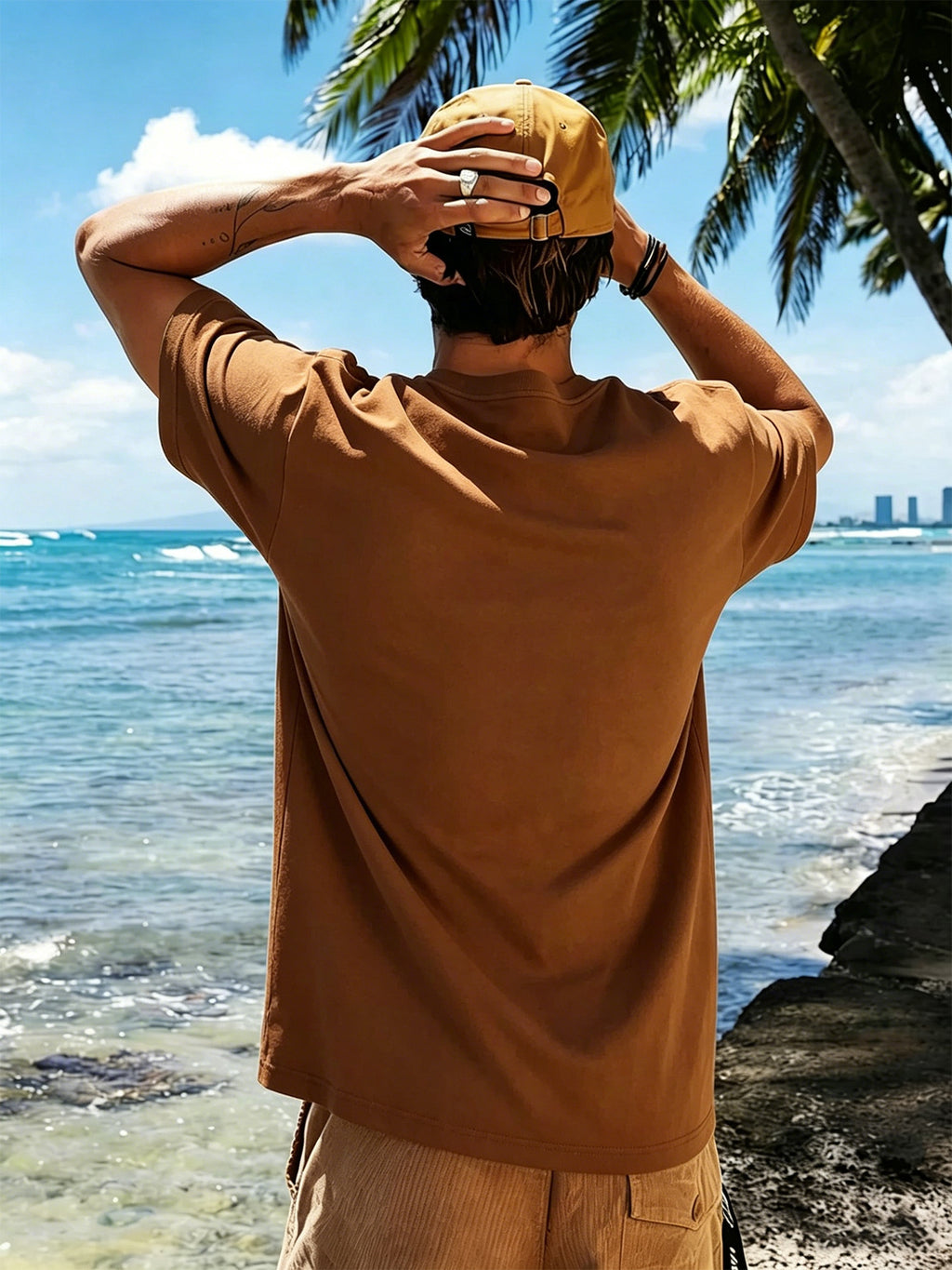 Men's New Pure Cotton Short Sleeve Round Neck T-Shirt, Comfortable, Soft, and Breathable, Perfect for Vacation, Leisure, and Daily Wear, a Summer Essential - Coffee Color