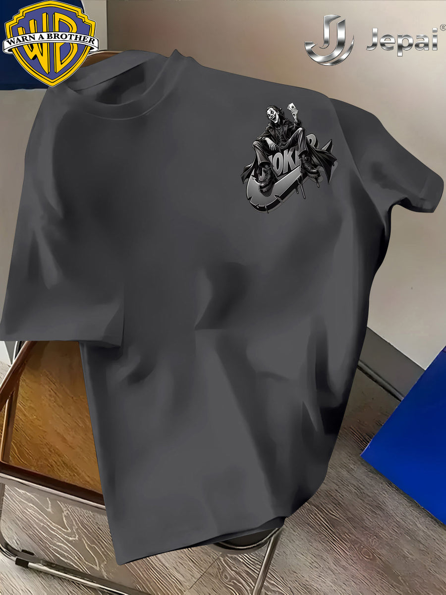 Warner Exclusive, Vintage Street Style DC Joker Themed Print Men's Summer Basic Daily Casual Short-Sleeve Top, Casual Crew Neck Shirt, Suitable for Outdoor Wear, Fitness, Office, and Daily Outfits, an Essential Item for Men's Basic Wardrobe - Dark Gray