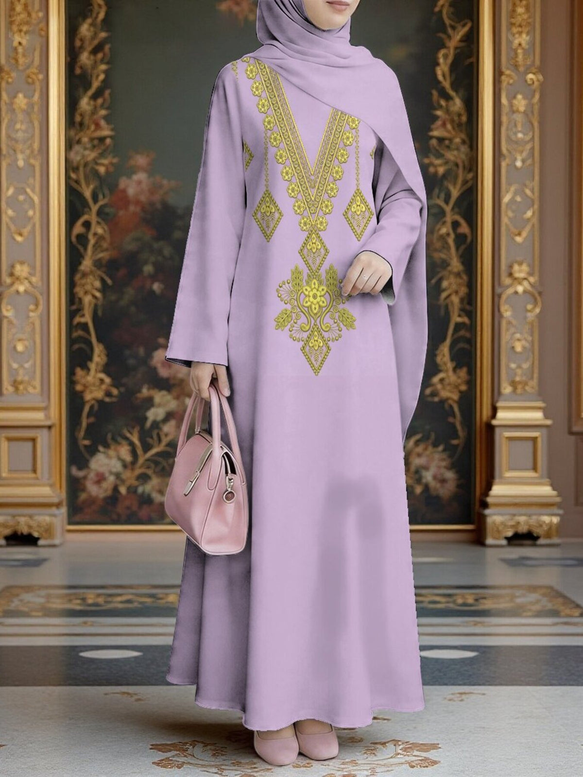 Women's Middle Eastern Style Muslim Elegant Robe Dress, Suitable for Malaysia, Arab Floral Long Robe, Loose Flared Long Sleeves, for Prayer, Visiting Family, Outings, and Gatherings, Lightweight and Smooth Non-Embroidered Design - Mixed colors