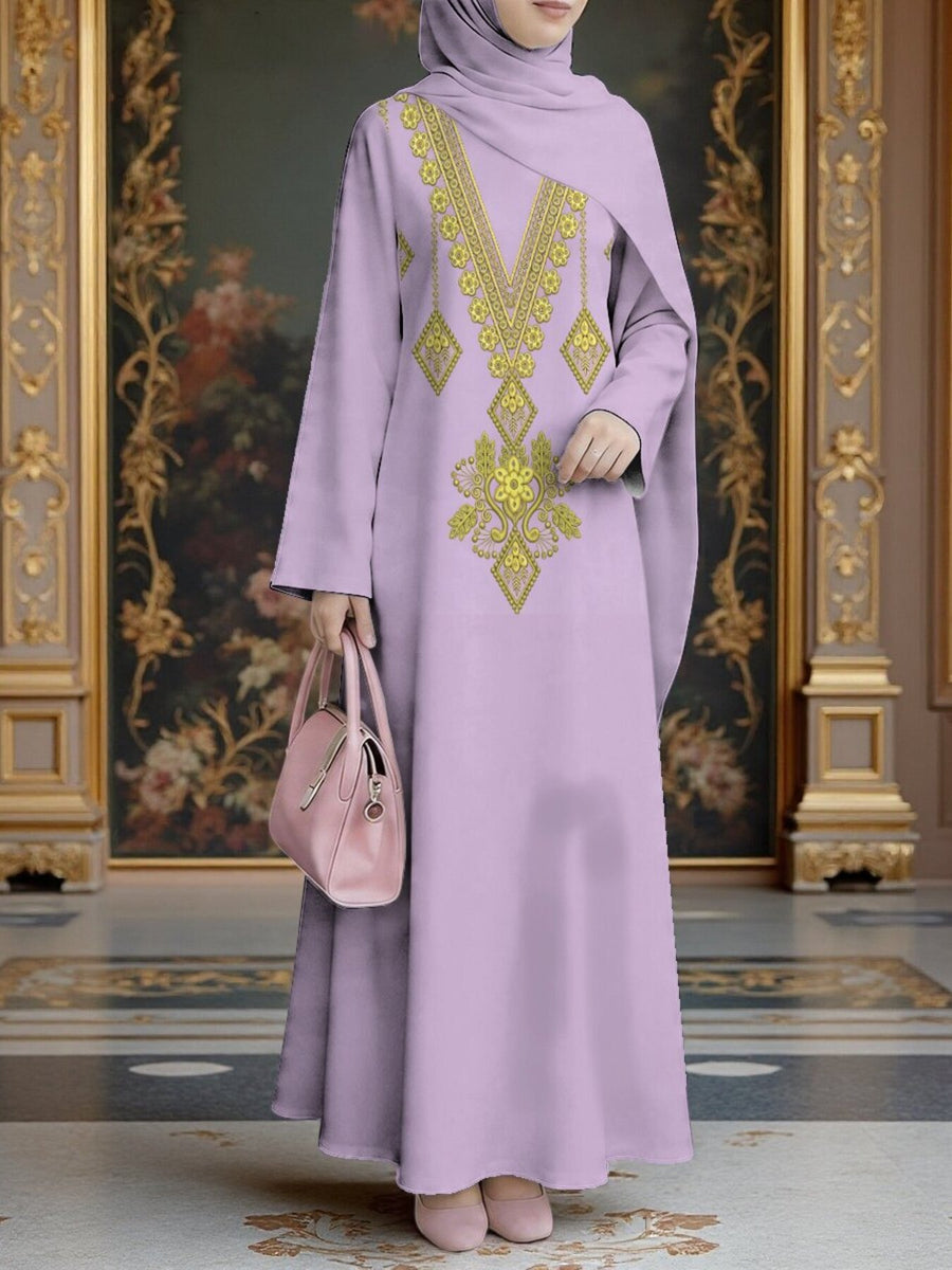 Women's Middle Eastern Style Muslim Elegant Robe Dress, Suitable for Malaysia, Arab Floral Long Robe, Loose Flared Long Sleeves, for Prayer, Visiting Family, Outings, and Gatherings, Lightweight and Smooth Non-Embroidered Design - Mixed colors