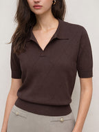 Women's Collar Rhombus Pattern Short Sleeve Top, Versatile Commuter Style for Spring and Summer - Coffee Color