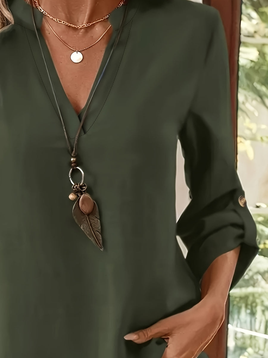 Women's V-neck Loose Fit Casual Spring/Autumn Long Sleeve Solid Color Shirt, Drop Shoulder Sleeves, Fashionable Vintage Simple Versatile Women's Clothing - Olive Green