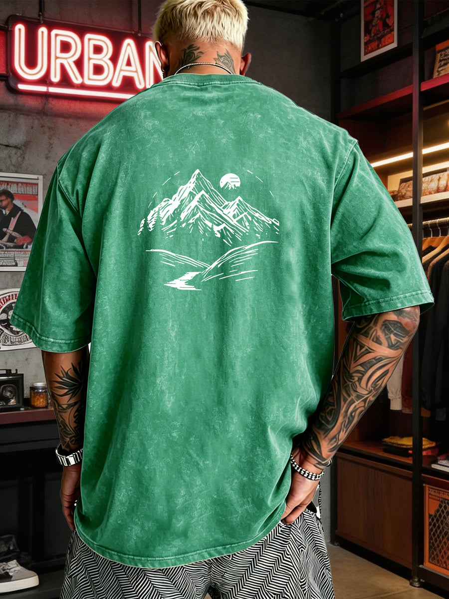 Men's Heavyweight T-Shirt Washed Distressed Fashion Print 2026 Summer New Urban High Street Hiphop Style Vintage Acid Wash Casual Gym Workout Top Pure Cotton Breathable Base Shirt - Green