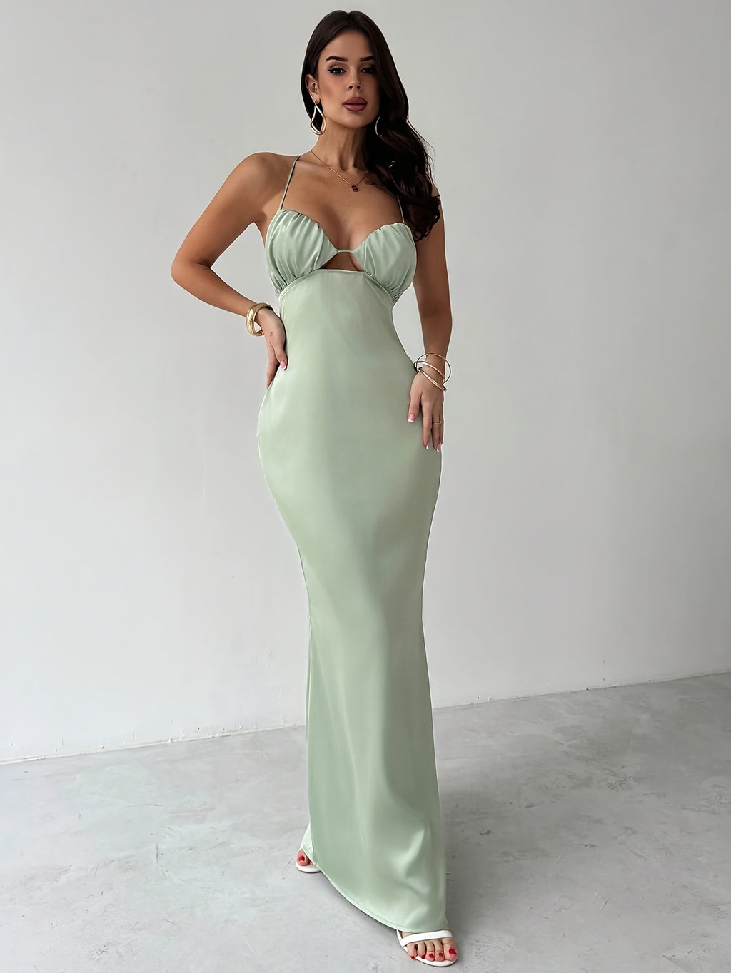 New European and American Women's Wedding Engagement Cocktail Dress, Single Party Solid Color Sexy Waist-cinching Backless Sleeveless Bridesmaids Gown - Green