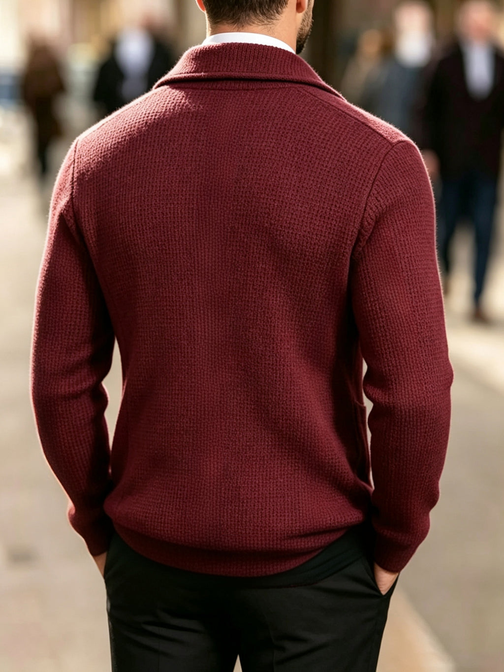 Men'S Spring Autumn New Waffle Check Blazer Collar Cardigan Single Button Double Pocket Business Casual All-Match Long Sleeve Knit Jacket, Soft Comfortable Fashion Solid Color Outerwear Suitable for Daily Outings, Dates, Holidays, And Travel - Burgundy