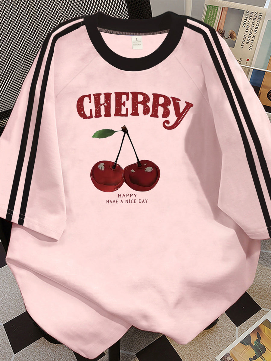Y2K Retro Cherry Print T-Shirt - Short Sleeve Round Neck Blouse Suitable for Travel, Casual & Casual Attire, Machine Washable Spring Summer Outfits with Cherry, Non- Top - Pink And Black