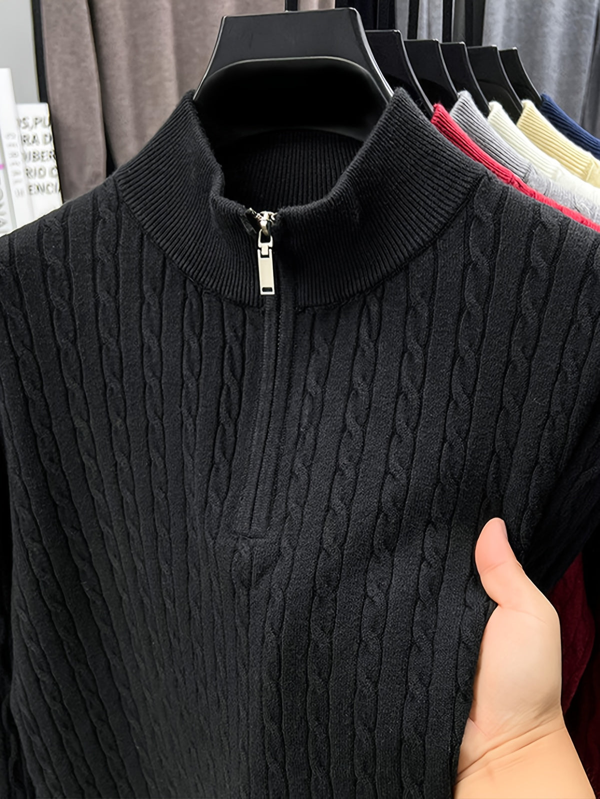 Half-zip Cable-knit Sweater, Fully Constructed with Herringbone Cable Stitching for a Strong Three-dimensional Texture. Compared to a Stockinette Sweater, It Has a More Vintage Feel. The Slightly Relaxed Fit Offers Good Forgiveness for Body Shapes - Black