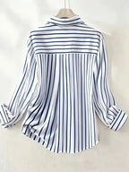 Spring/Autumn New Elegant Striped Long-Sleeve Women's Shirt, Single-Breasted Button-Front Blouse, Machine Washable, Suitable for Office, Commuting, or Formal Events, Office Attire, Sophisticated Casual - Blue Strips