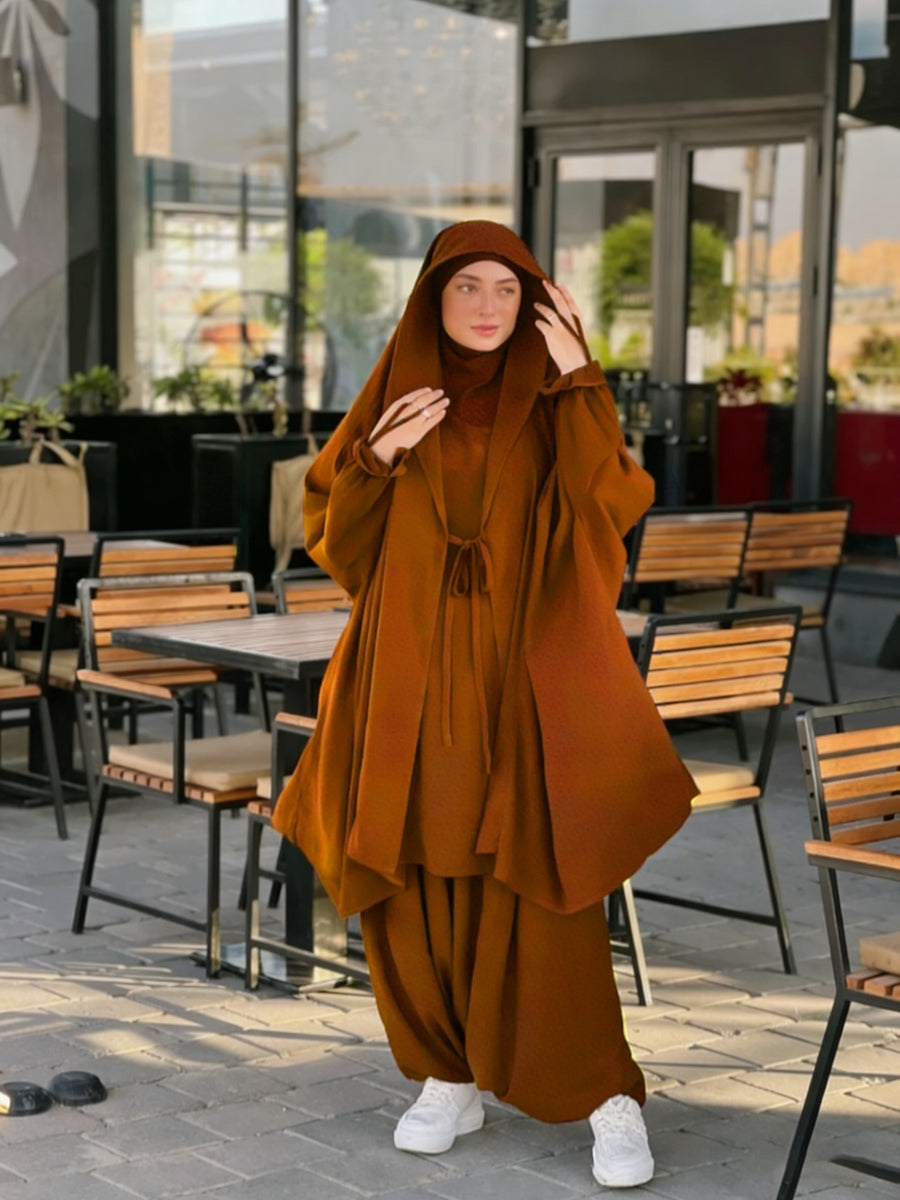 New Women's Middle Eastern Dubai Turkish Abaya Headscarf Matching S Casual Pants Set P303 - Orange Red