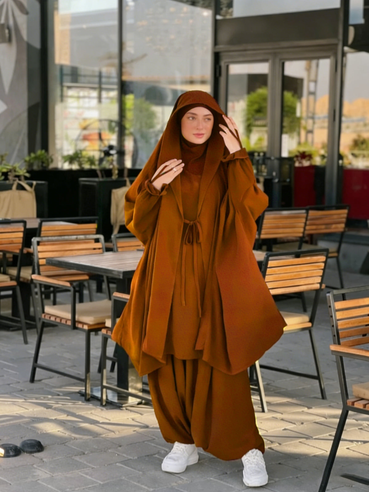 New Women's Middle Eastern Dubai Turkish Abaya Headscarf Matching S Casual Pants Set P303 - Orange Red