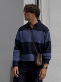 Lazy Off-Shoulder Pearlescent Mist Contrast Horizontal Stripes Lapel Knit Polo Autumn Winter Men'S Casual Long Sleeve Top - Navy Color