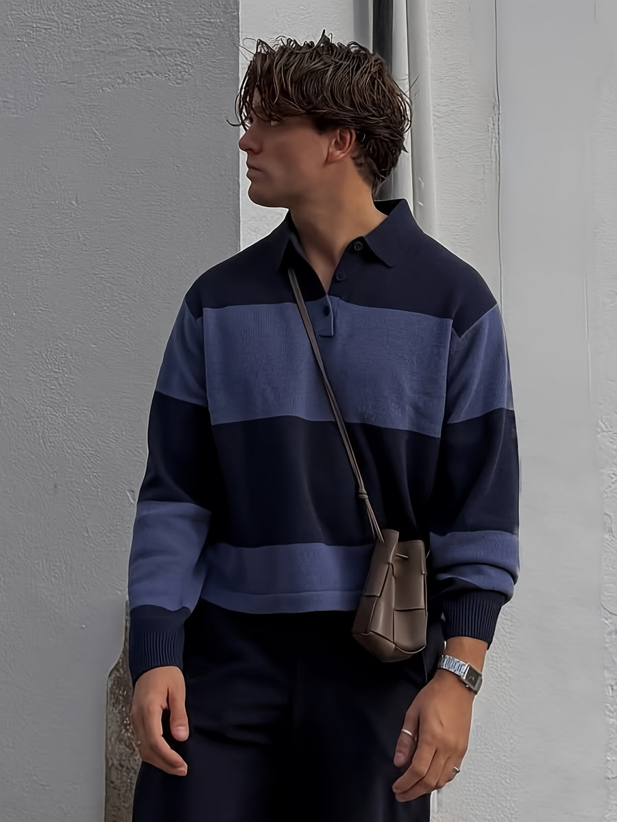 Lazy Off-Shoulder Pearlescent Mist Contrast Horizontal Stripes Lapel Knit Polo Autumn Winter Men'S Casual Long Sleeve Top - Navy Color