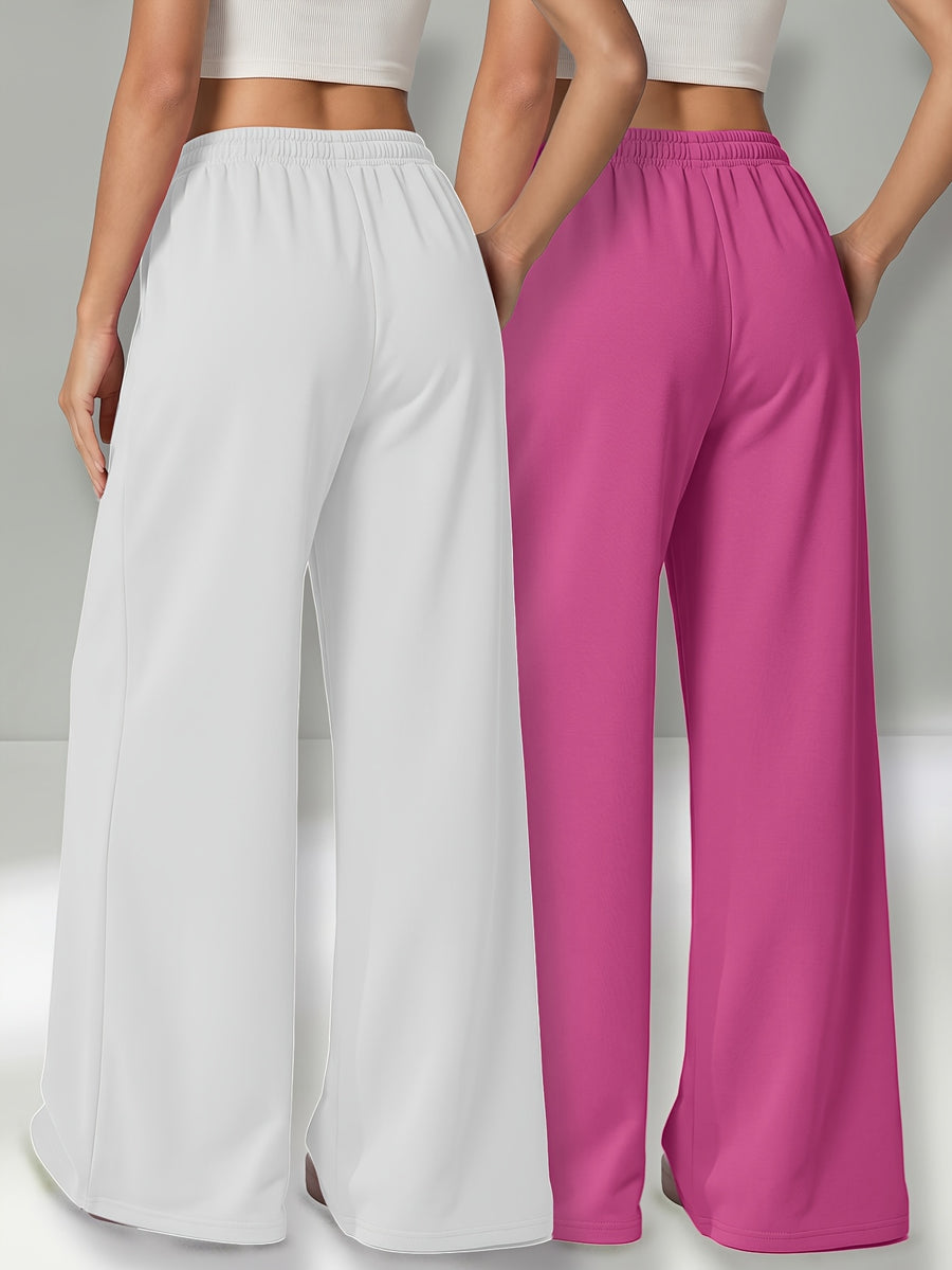 Autumn and Winter High-Waisted Casual Versatile Pants, Elastic Waist Loose Wide-Leg Pants 2pcs Set - White+pink