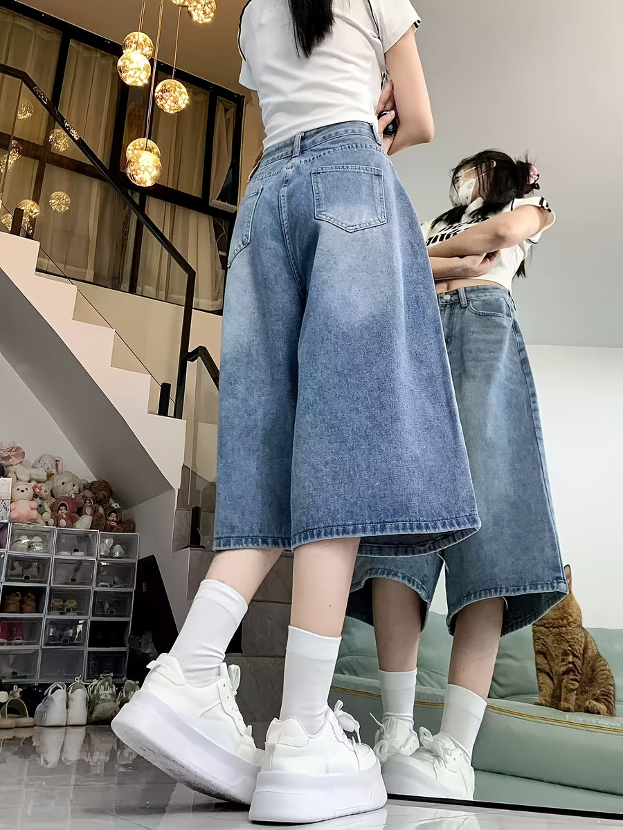 Women's Straight-Leg Jeans, Summer Lightweight Vintage High-Waist Loose-Fit Plus-Size Over-the-Knee Wide-Leg Capri Pants, Trendy - Blue