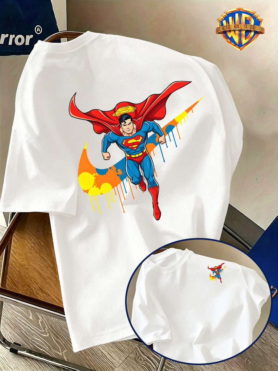 Back-To-School Season Warner Authorized, Men'S Casual T-Shirt, Soft Breathable Fabric Lightweight Short Sleeve, DC Genuine Superman Dynamic Flying Pose Colorful Resin Drop Trendy Print, Lightweight Comfortable Fit - White