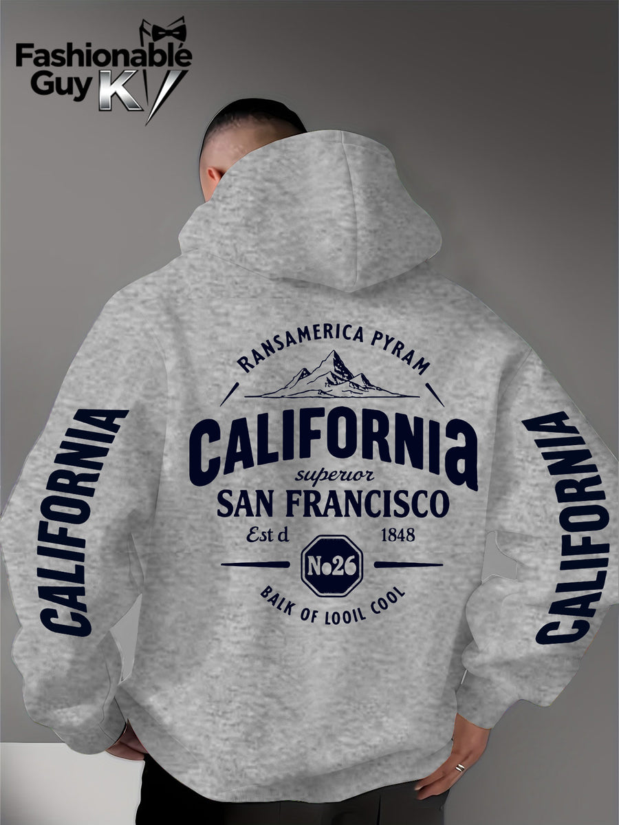 Hooded Sweatshirt with Street Culture Symbols: Featuring a "CALIFORNIA" Print That Embodies the Grandeur of the Wilderness and the Pioneering Spirit, This Sweatshirt Serves as an Exclusive Symbol for Street Culture Enthusiasts to Connect - Light Grey