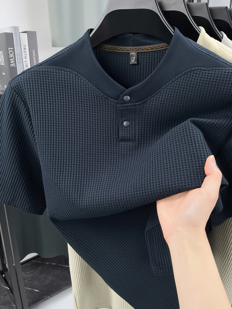 New Summer Style Men's Short-Sleeve Polo T-Shirt with Small V-Neck and Two-Button Placket, Fashionable and Versatile Sporty Casual Men's Apparel, Skin-Friendly, Comfortable, Stylish, Slimming, and Breathable, HF66180 - Navy Color
