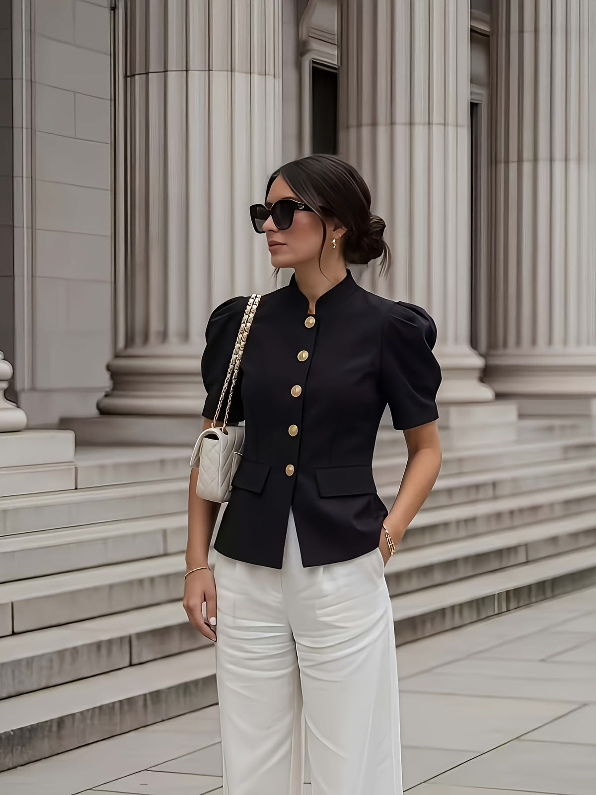 Fashionable and Elegant Women's Solid-color Stand-up Collar Princess-style Short-sleeve Jacket with Faux Pockets, Open Front, Single-breasted, and Casual Suit Jacket, Suitable for Commuting, Vacation, Business, and Daily Casual Wear - Black