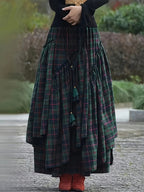 Women's Vintage Asymmetrical Tiered Maxi Skirt - Double-Sided Plaid Pattern, Loose A-Line Silhouette, Polyester Long Flowy Skirt for Spring & Fall, Machine Washable - Black