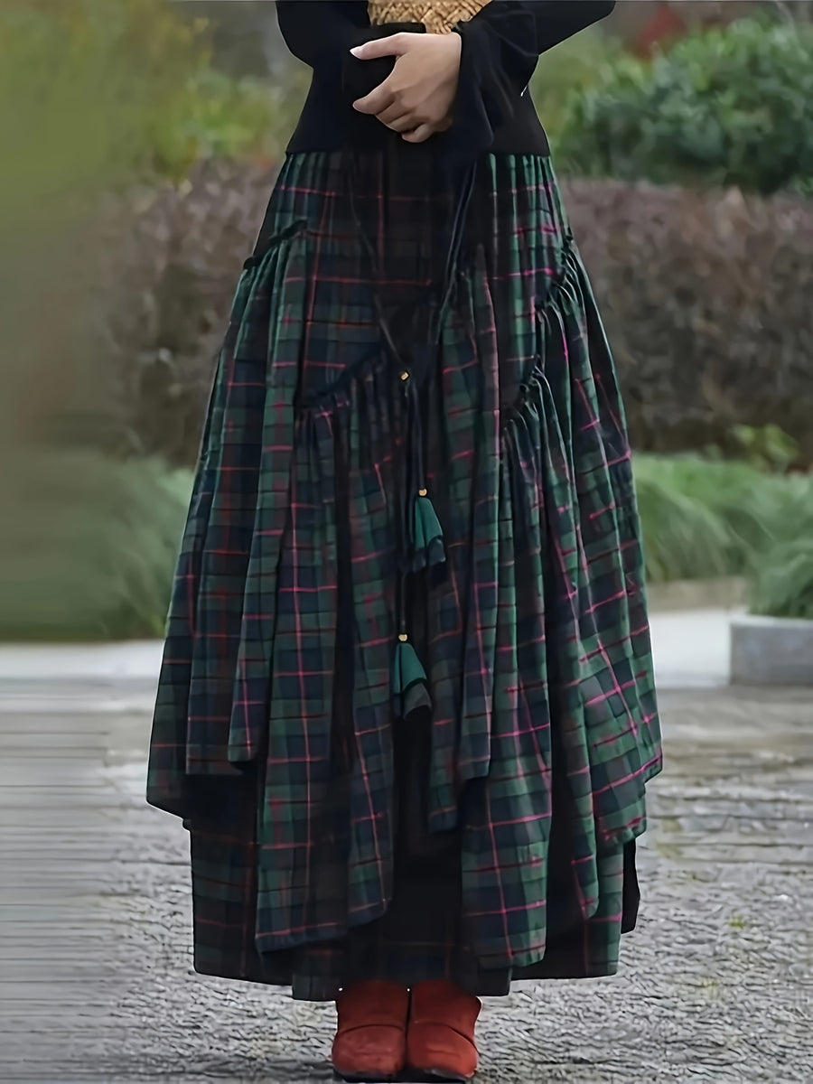 Women's Vintage Asymmetrical Tiered Maxi Skirt - Double-Sided Plaid Pattern, Loose A-Line Silhouette, Polyester Long Flowy Skirt for Spring & Fall, Machine Washable - Black