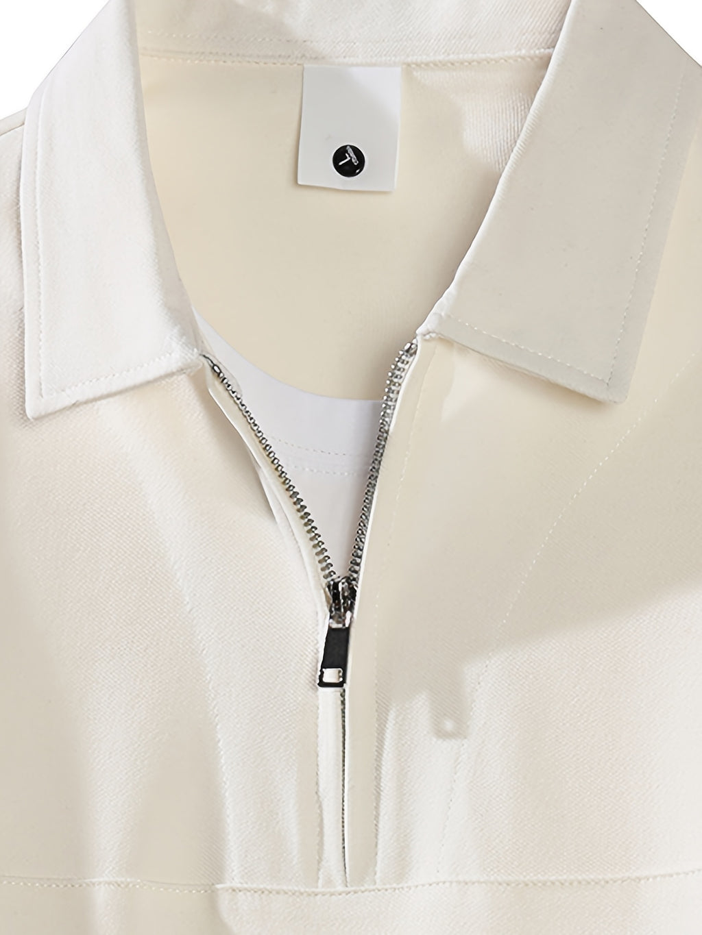 Summer Men'S Top, Solid Color Zipper Placket, Casual Lapel Polo Shirt - White Apricot