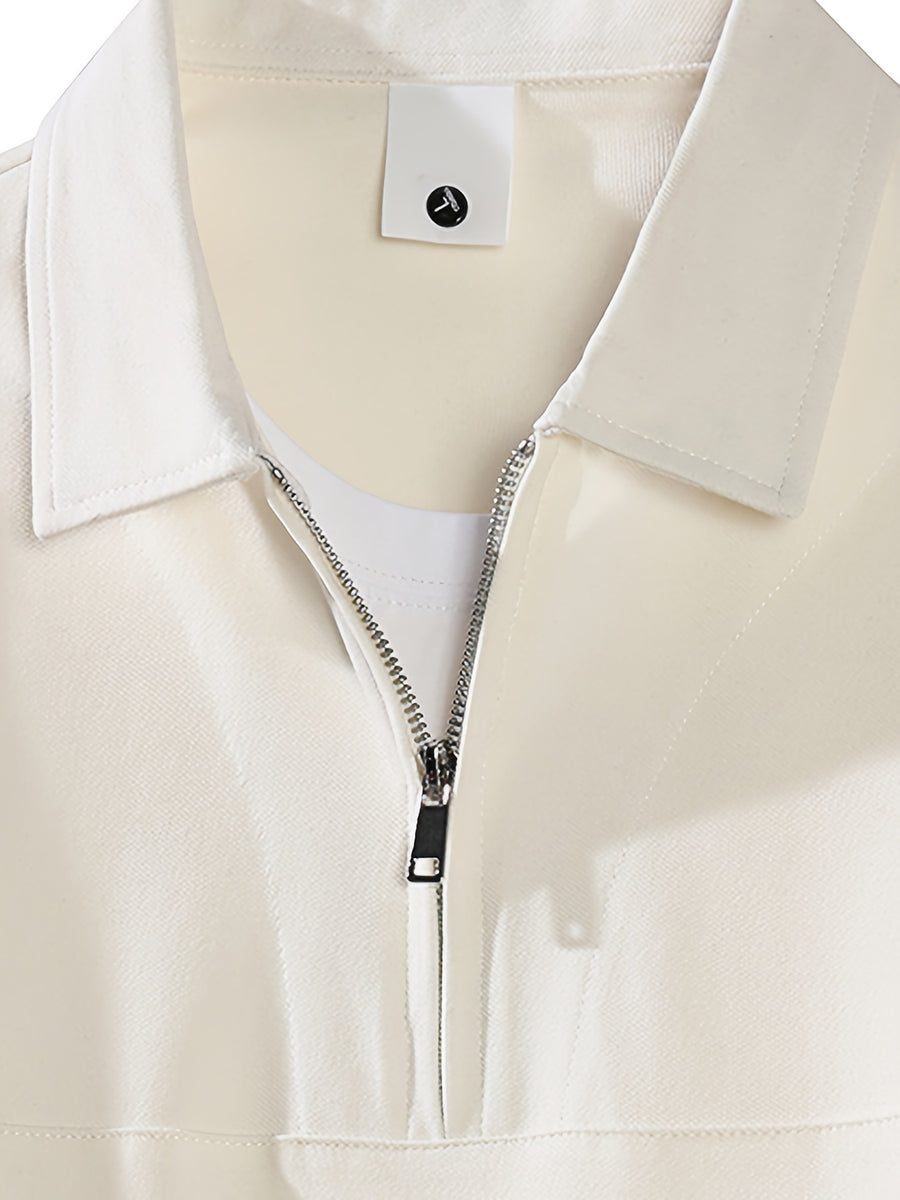 Summer Men'S Top, Solid Color Zipper Placket, Casual Lapel Polo Shirt - White Apricot