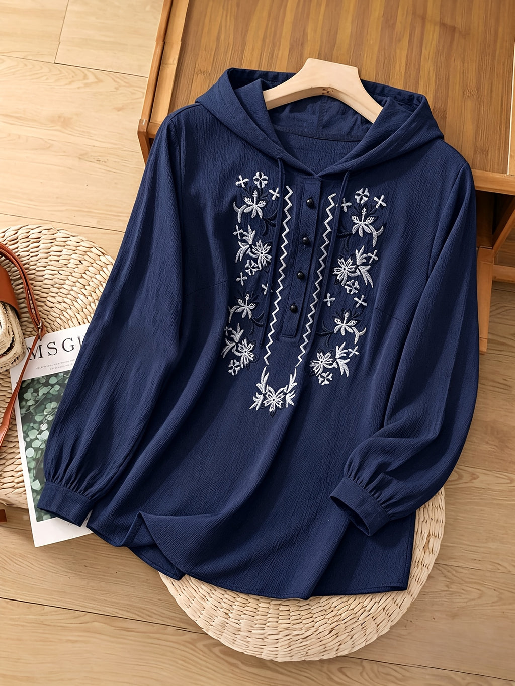 Plus Size, Plus Size Women's Solid Color Embroidered Button Hooded Top, New Autumn/Winter Shirt - Navy Color
