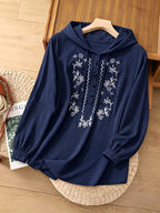Plus Size, Plus Size Women's Solid Color Embroidered Button Hooded Top, New Autumn/Winter Shirt - Navy Color