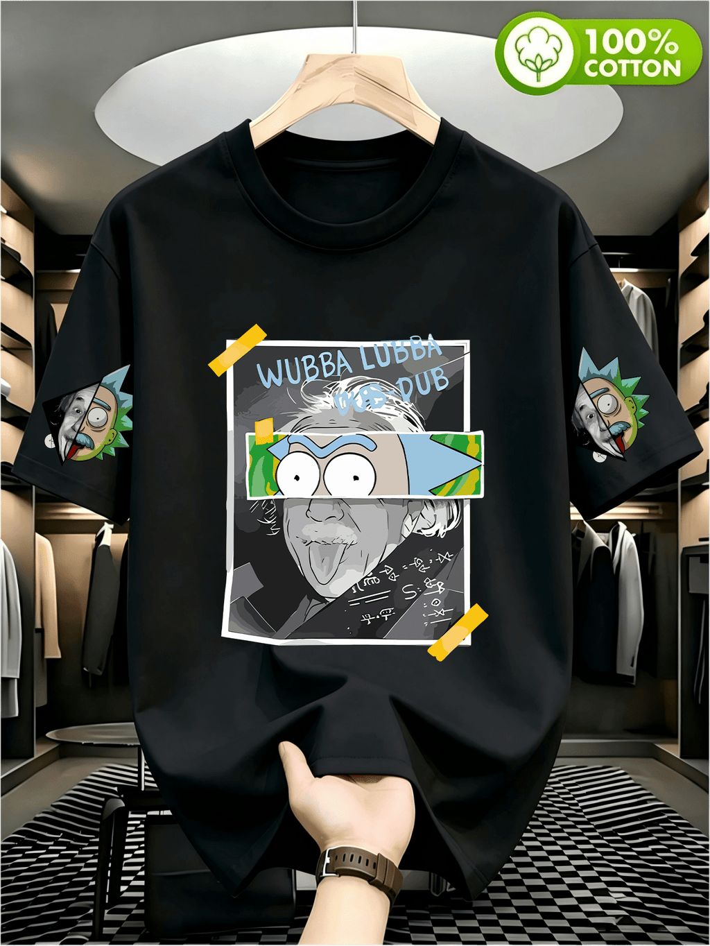 Warner Bros Official Rick Einstein Collage Print T-Shirt, Casual, Comfortable, Versatile, and Loose-Fitting Summer Tee, Suitable for Outdoor and Daily Wear, for Men and Women - Black