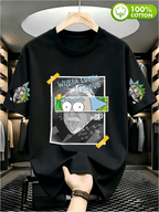 Warner Bros Official Rick Einstein Collage Print T-Shirt, Casual, Comfortable, Versatile, and Loose-Fitting Summer Tee, Suitable for Outdoor and Daily Wear, for Men and Women - Black