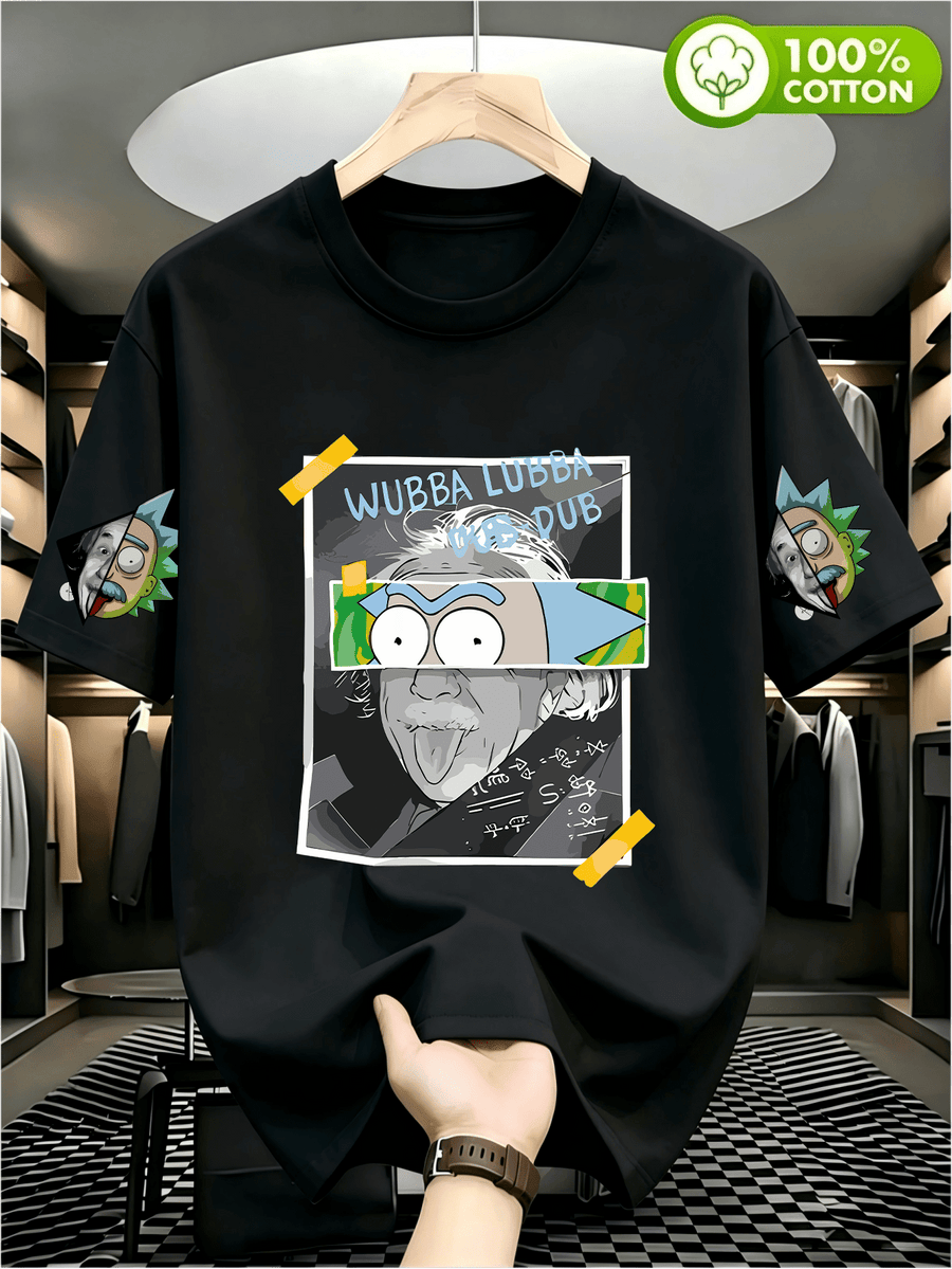 Warner Bros Official Rick Einstein Collage Print T-Shirt, Casual, Comfortable, Versatile, and Loose-Fitting Summer Tee, Suitable for Outdoor and Daily Wear, for Men and Women - Black